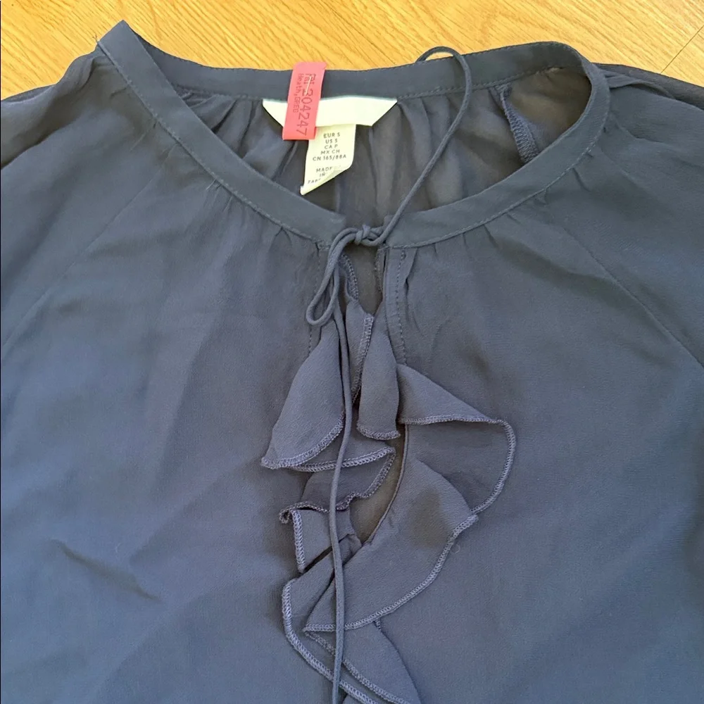 H & M Navy Blue Ruffle Long Sleeve Blouse Top Small Sheer Loose Fit - Picture 2 of 6